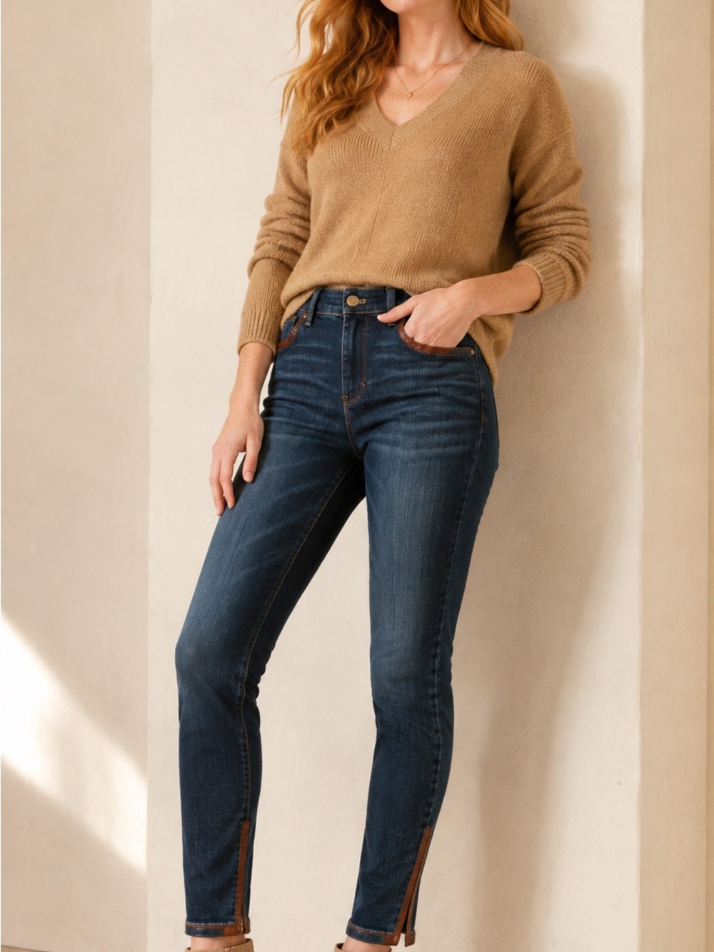 White House Black Market Dark Indigo Skinny Jeans with Brown Trim
